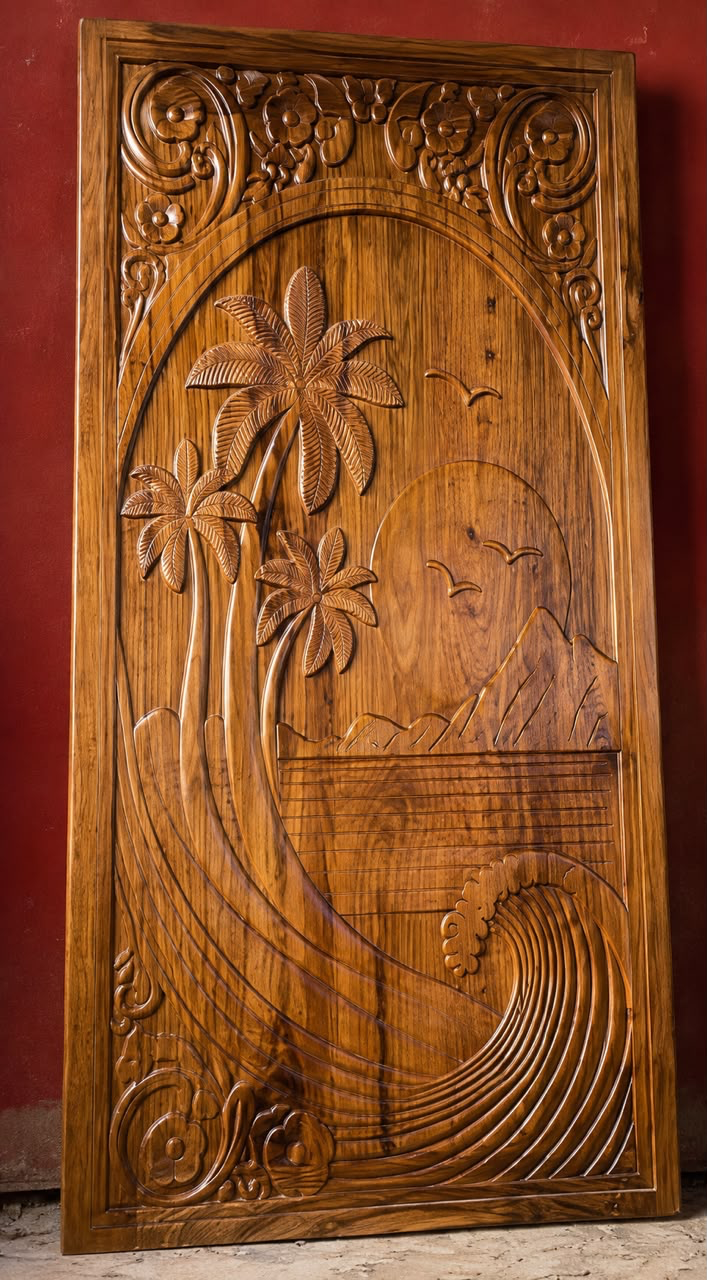Hand-carved teak feature panel with palm motif
