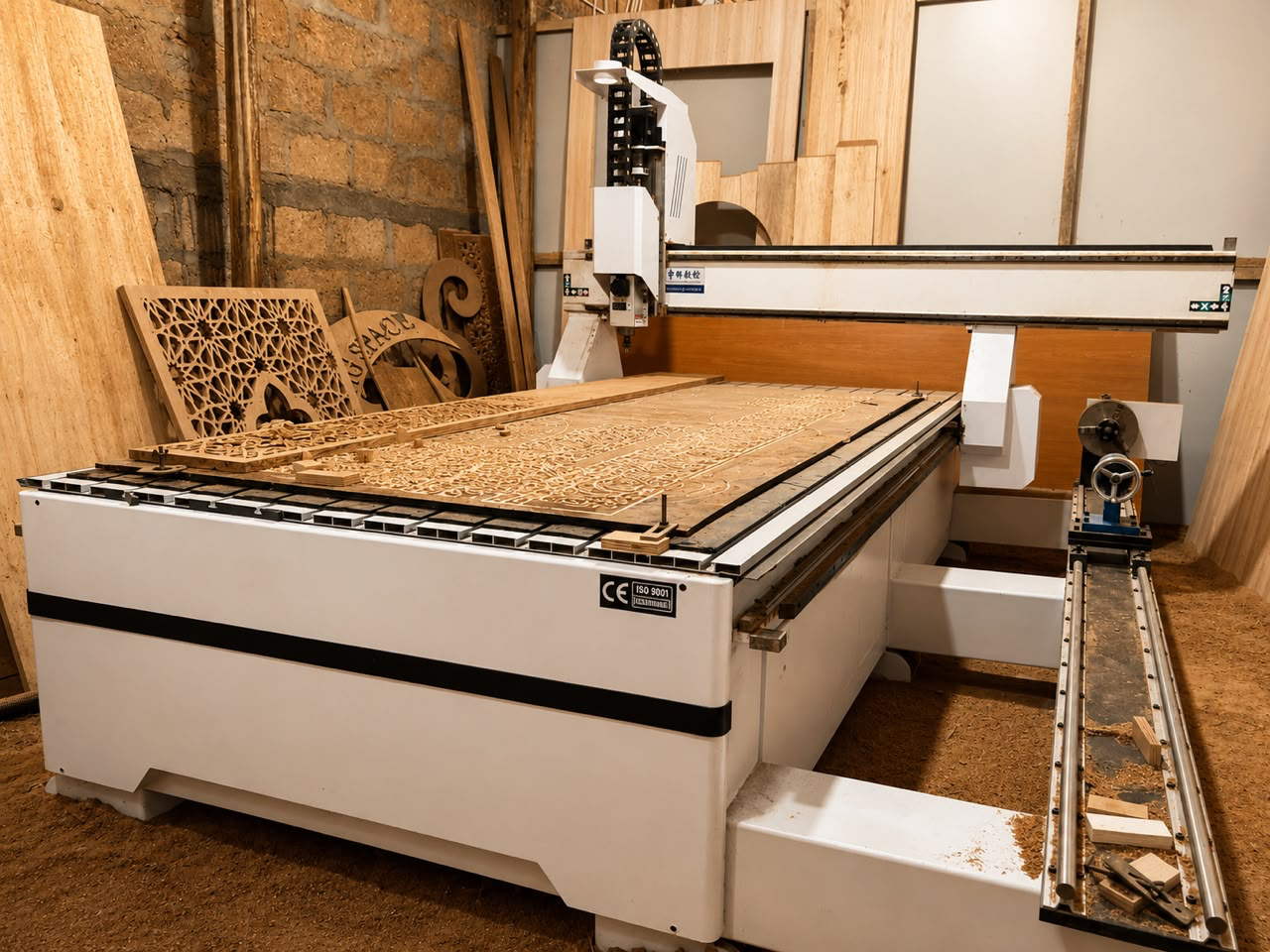 CNC machine routing an ornate timber door panel