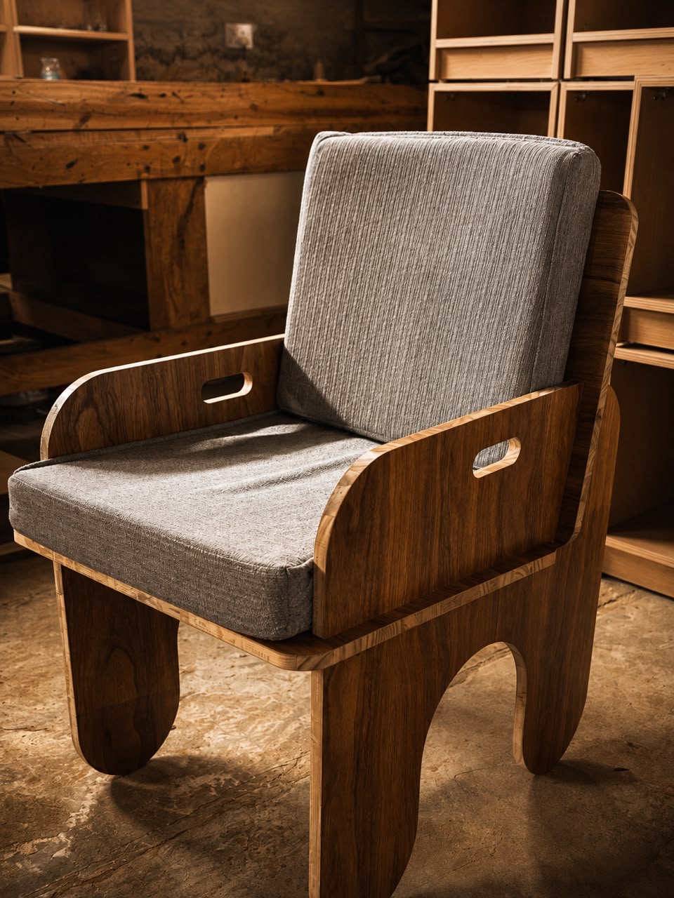 Handcrafted timber lounge chair with grey cushions